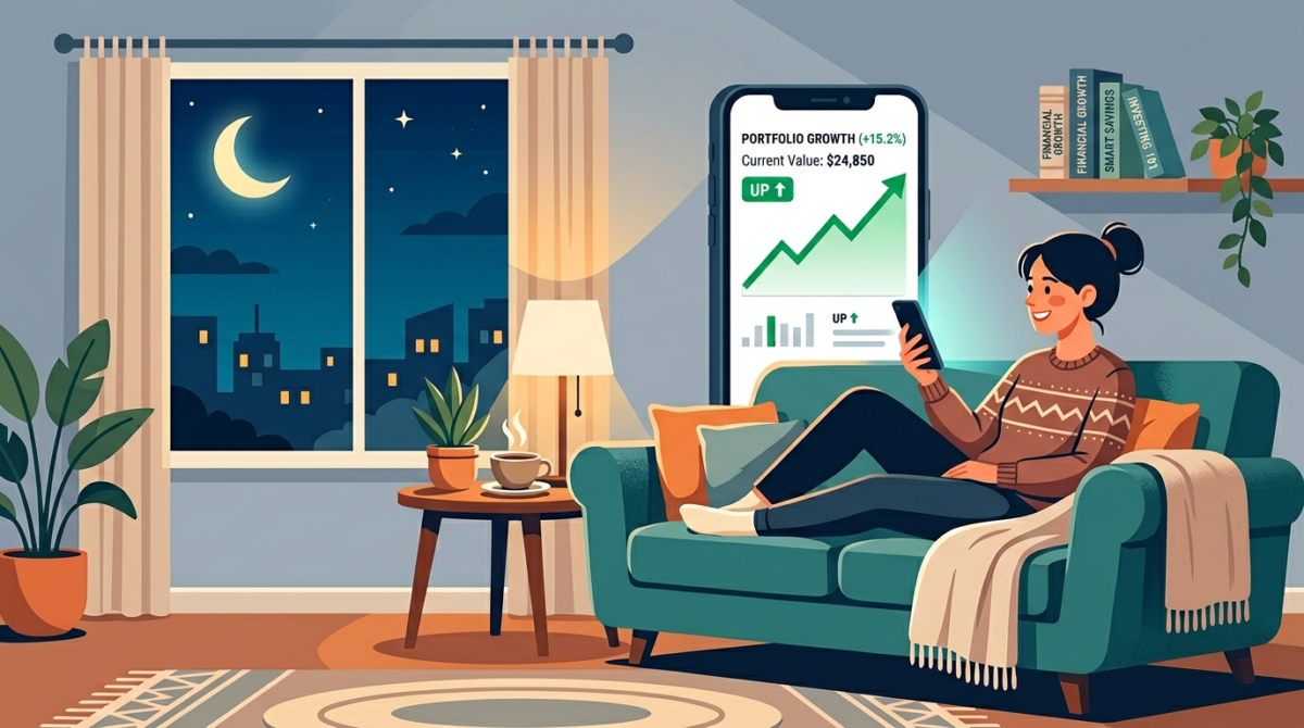 FXのメリットである、平日24時間いつでも夜間に自宅で手軽に取引ができることを表すイメージ図