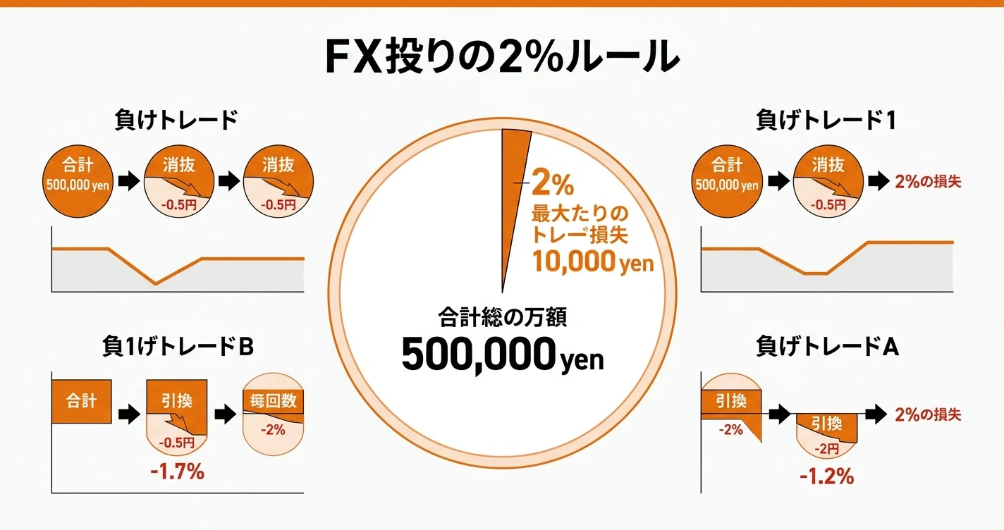 FXの2%ルールを示す図解——口座残高の2%を1回の最大損失に限定する資金管理の仕組み