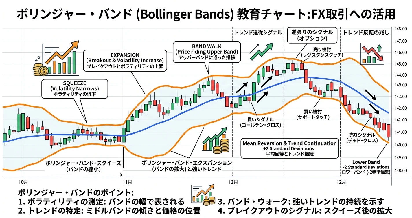 ボリンジャーバンドのバンドウォークとスクイーズ・エクスパンションの図解