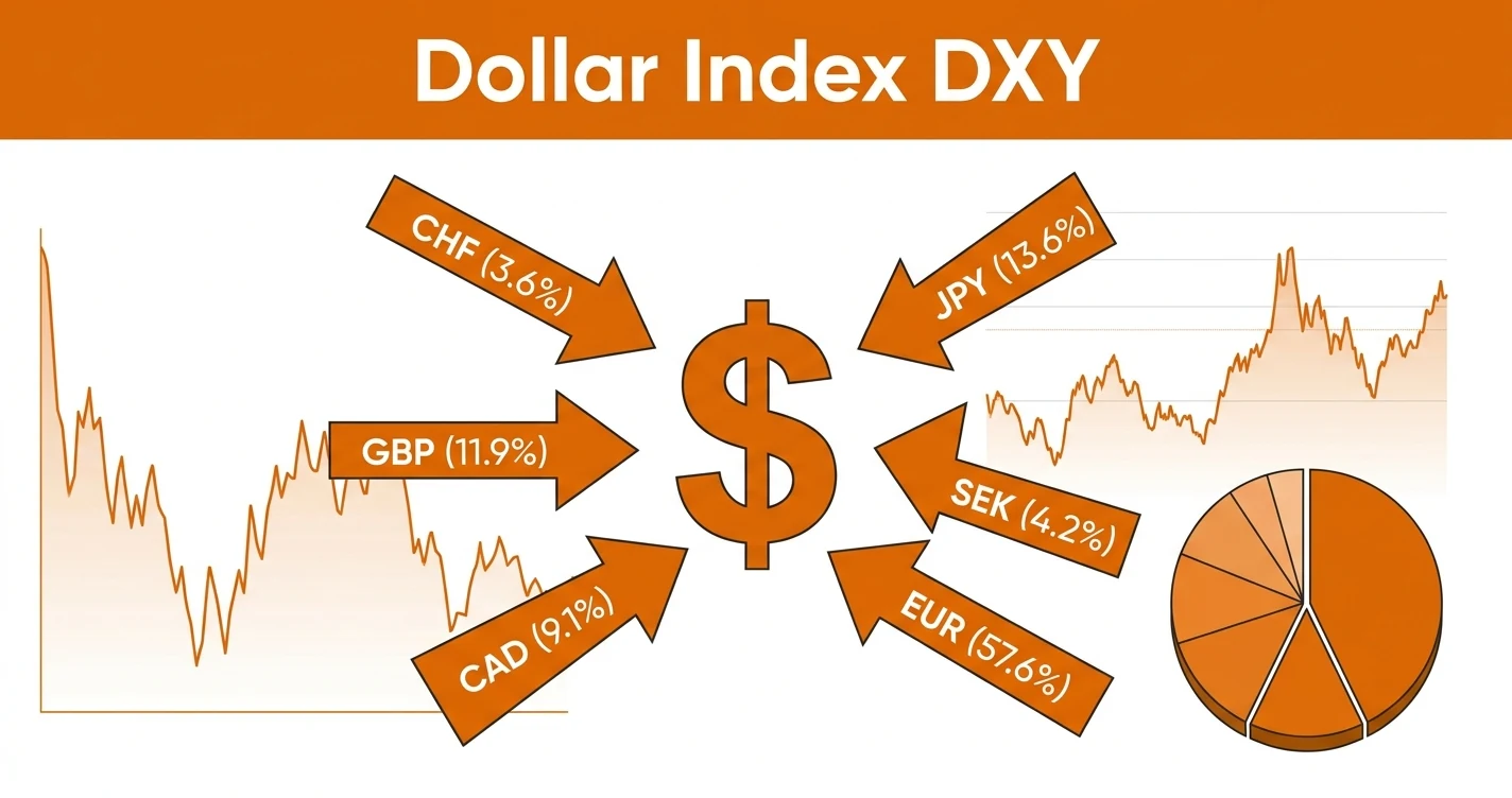 ドルインデックス（DXY）の構成通貨と米ドルの強さを示す図解