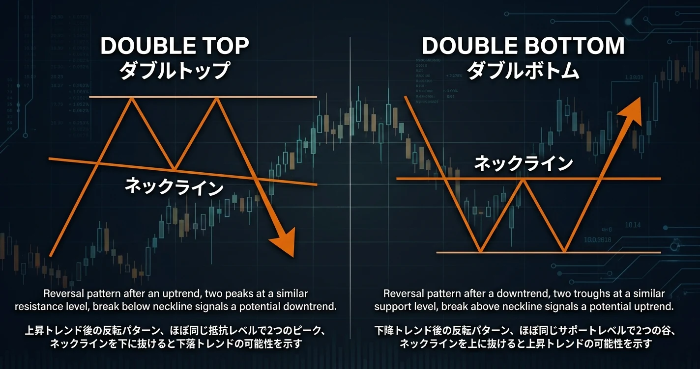 ダブルトップとダブルボトムのパターンを示す図解 - M字型とW字型の反転シグナルを説明する教育用イラスト
