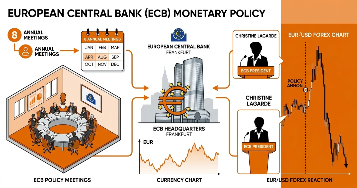 欧州中央銀行（ECB）の金融政策とユーロ相場の関係を示す図解