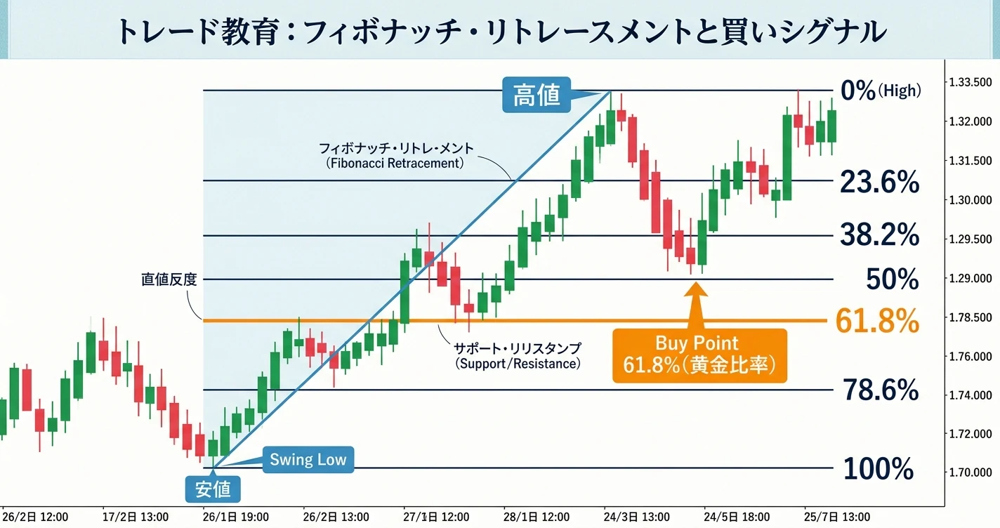 フィボナッチリトレースメントの38.2%・61.8%ラインでの押し目買いの図解