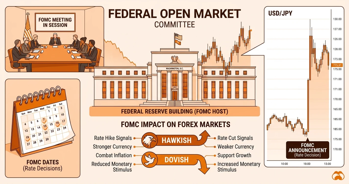 FOMCと為替相場（ドル円）の関係を示す図解 - FRBの金融政策決定と通貨の動き