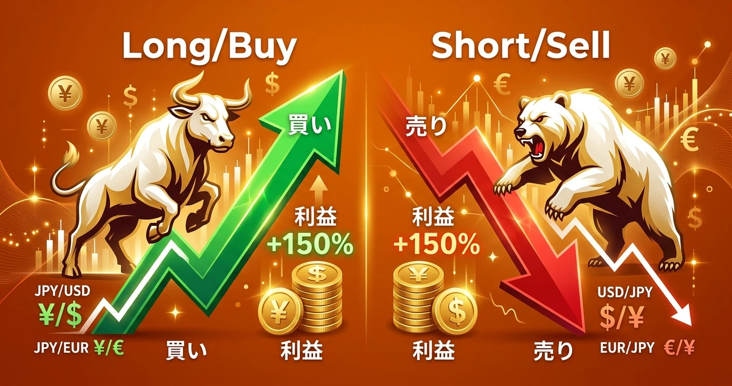 FXのロング（買い）とショート（売り）の仕組みをイメージしたヘッダー画像