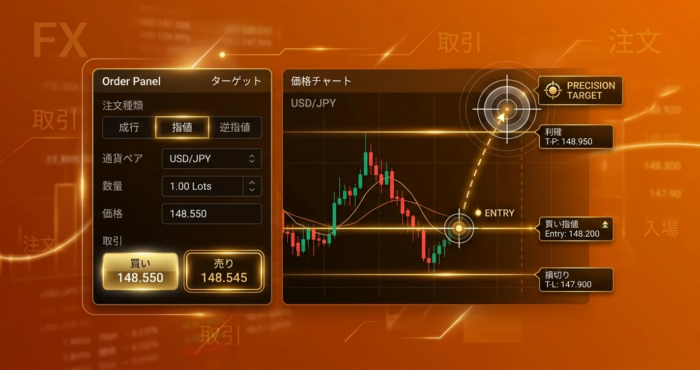 FXの成行・指値・逆指値注文の種類をイメージしたヘッダー画像