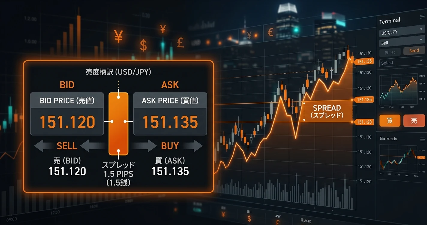 FXスプレッドの仕組みを表すプロフェッショナルなヘッダー画像