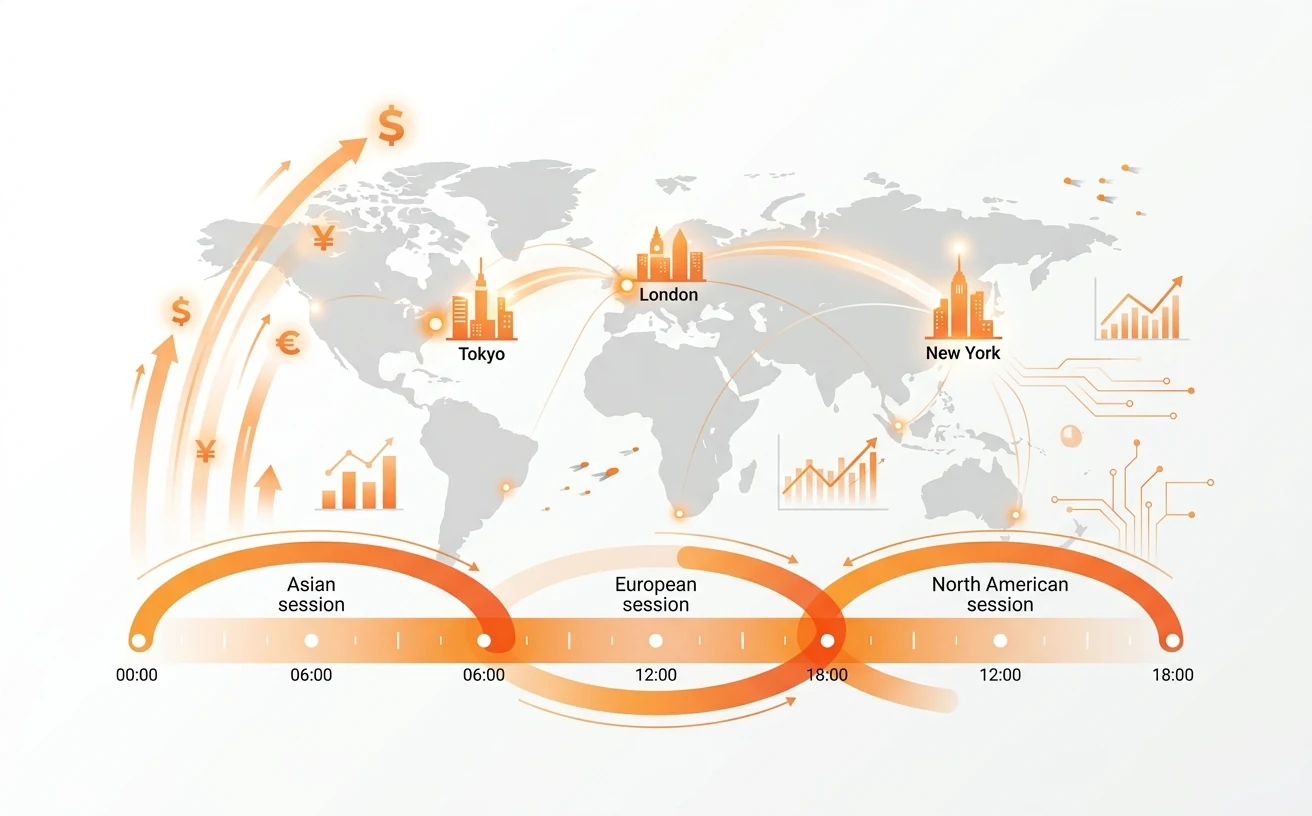 スプレッドが広がる時間帯と市場の関係を示すイメージ