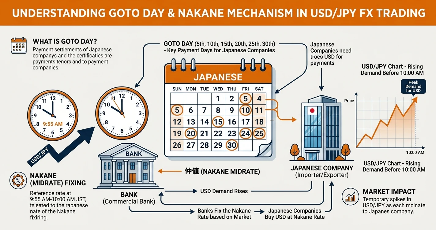 ゴトー日（5・10日）と仲値の仕組みを示す図解 - 日本企業のドル需要とドル円の動き