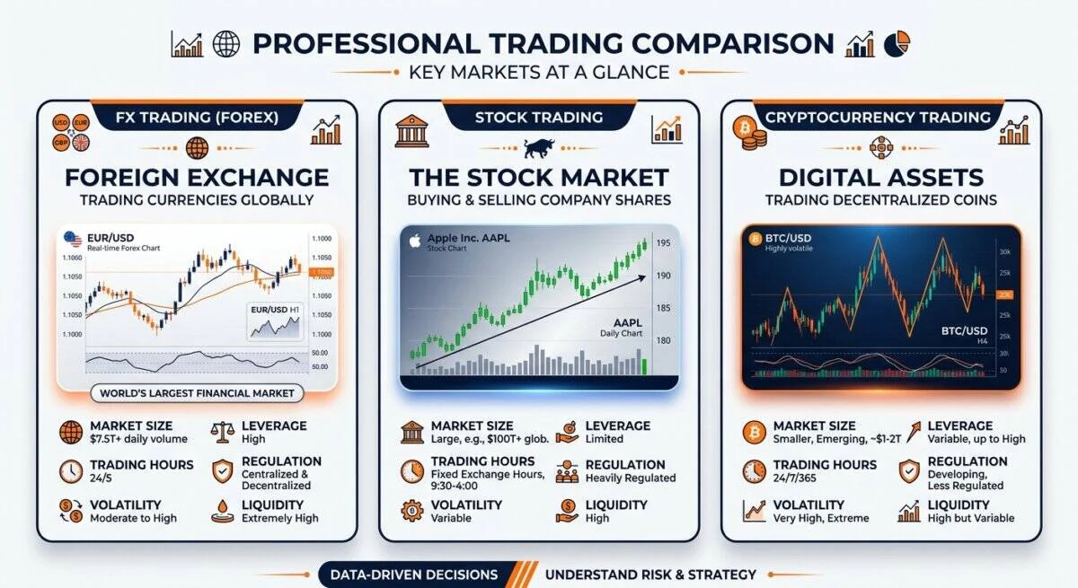 FXと株・仮想通貨の違いを示す比較イメージ